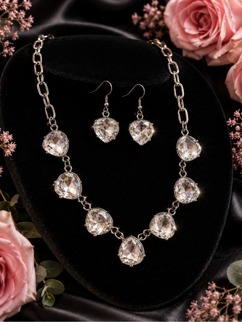 Clear Crystal Teardrop Necklace & Earring Set - Silver-Tone Women Jewelry
